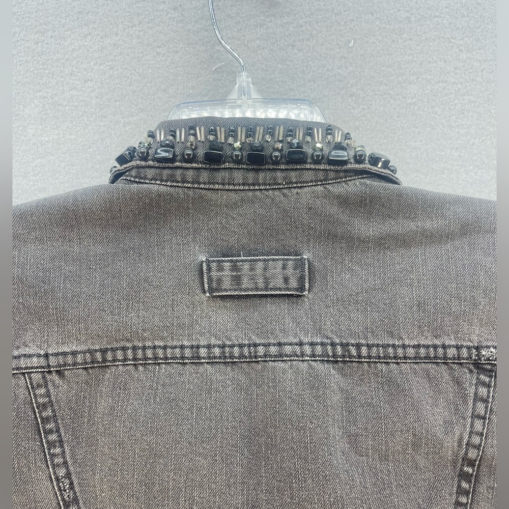 CAbi Jeans Black Distressed Jean Jacket with Beaded Collar Women’s Size Medium - Picture 7 of 16